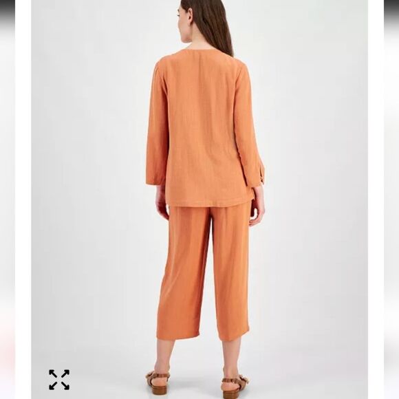 JM CollectionLinen Blend Split-Cuff Top - Picture 2 of 2